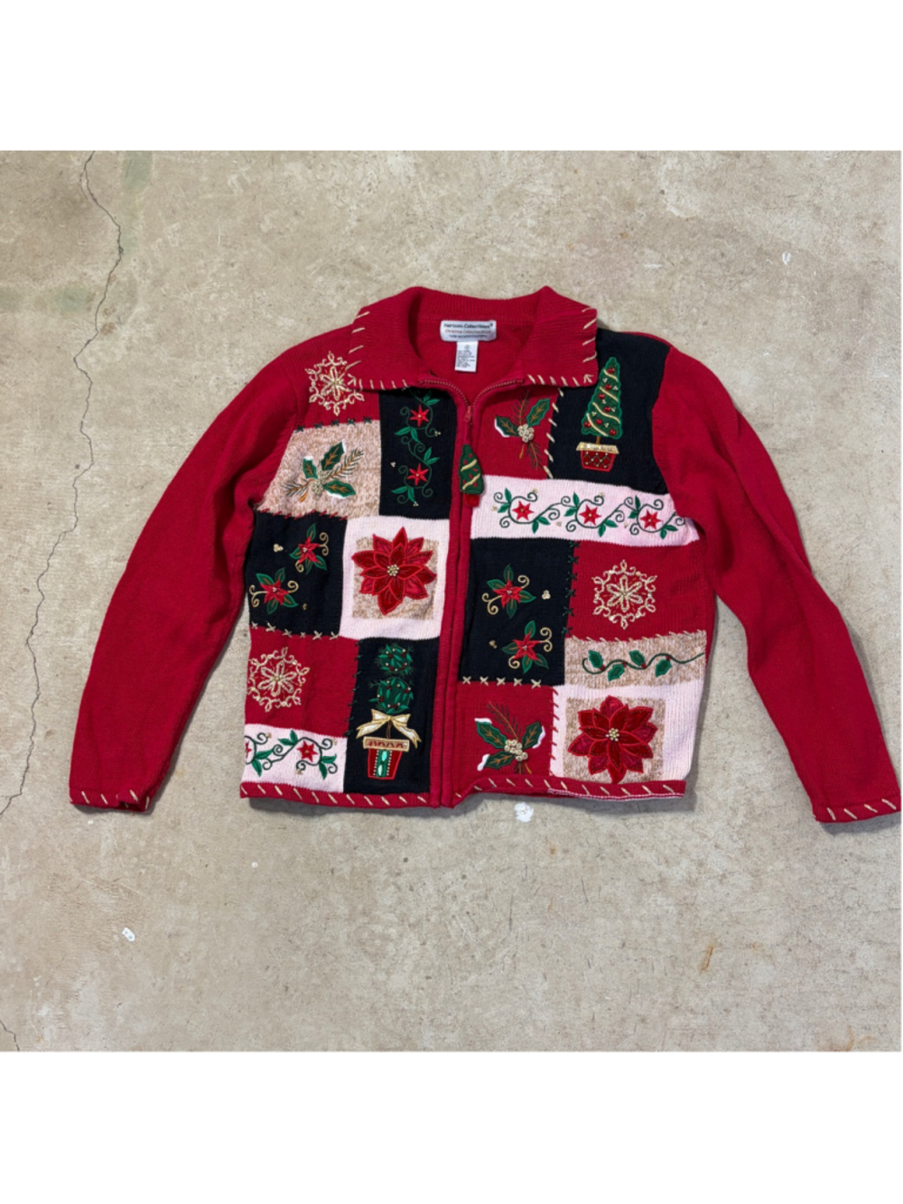 Vintage Christmas Patchwork Cardigan Sweater Womens Medium Red Zipper Poinsettia